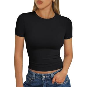 imageTrendy Queen Womens Short Sleeve T Shirts Summer Crop Tops Basic Slim Fit Gym Workout Y2k ClothesBlack