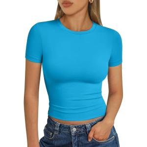 imageTrendy Queen Womens Short Sleeve T Shirts Summer Crop Tops Basic Slim Fit Gym Workout Y2k ClothesBlue