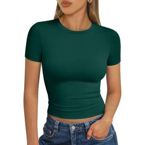 imageTrendy Queen Womens Short Sleeve T Shirts Summer Crop Tops Basic Slim Fit Gym Workout Y2k ClothesDark Green