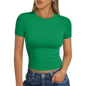 imageTrendy Queen Womens Short Sleeve T Shirts Summer Crop Tops Basic Slim Fit Gym Workout Y2k ClothesGreen