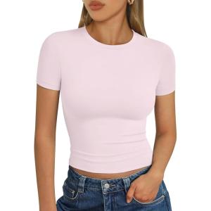 imageTrendy Queen Womens Short Sleeve T Shirts Summer Crop Tops Basic Slim Fit Gym Workout Y2k ClothesLight Pink