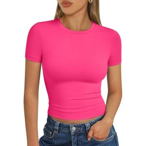 imageTrendy Queen Womens Short Sleeve T Shirts Summer Crop Tops Basic Slim Fit Gym Workout Y2k ClothesNeon Pink