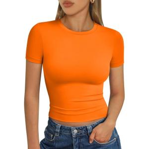 imageTrendy Queen Womens Short Sleeve T Shirts Summer Crop Tops Basic Slim Fit Gym Workout Y2k ClothesOrange