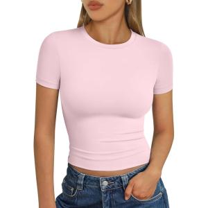 imageTrendy Queen Womens Short Sleeve T Shirts Summer Crop Tops Basic Slim Fit Gym Workout Y2k ClothesPink