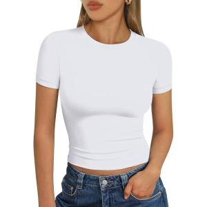 imageTrendy Queen Womens Short Sleeve T Shirts Summer Crop Tops Basic Slim Fit Gym Workout Y2k ClothesWhite