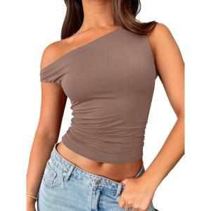 imageTrendy Queen Womens Summer Off The Shoulder Tops Going Out T Shirts Crop Tank Top Fashion Clothes Spring Outfits 2025Coffee Grey