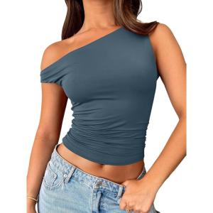 imageTrendy Queen Womens Summer Off The Shoulder Tops Going Out T Shirts Crop Tank Top Fashion Clothes Spring Outfits 2025Haze Blue