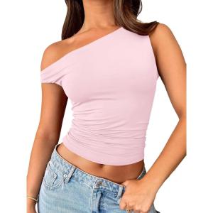 imageTrendy Queen Womens Summer Off The Shoulder Tops Going Out T Shirts Crop Tank Top Fashion Clothes Spring Outfits 2025Pink