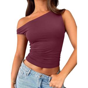 imageTrendy Queen Womens Summer Off The Shoulder Tops Going Out T Shirts Crop Tank Top Fashion Clothes Spring Outfits 2025Wine Red