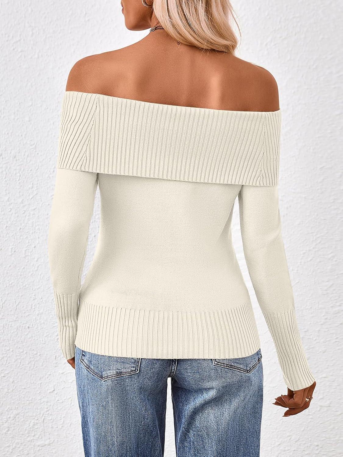 imageTrendy Queen Off The Shoulder Sweater for Women Cute Fall Going Out Tops Pullover Knit 2025 Sexy Date Night OutfitsBeige