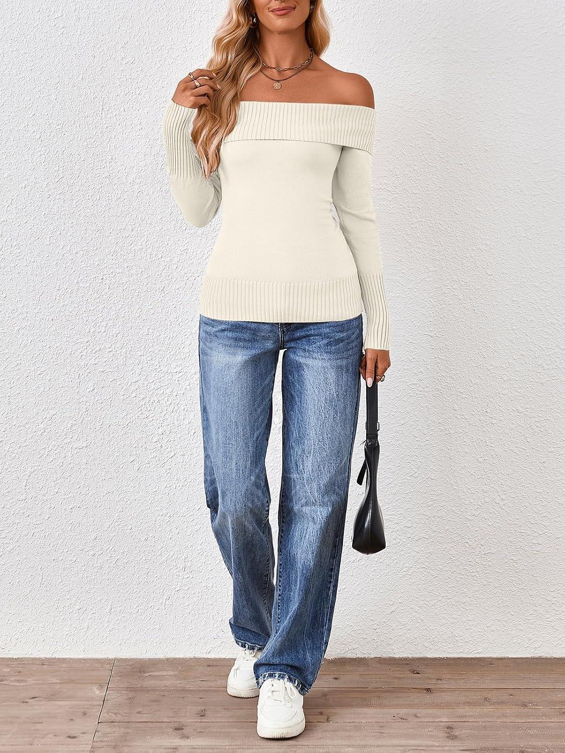 imageTrendy Queen Off The Shoulder Sweater for Women Cute Fall Going Out Tops Pullover Knit 2025 Sexy Date Night OutfitsBeige