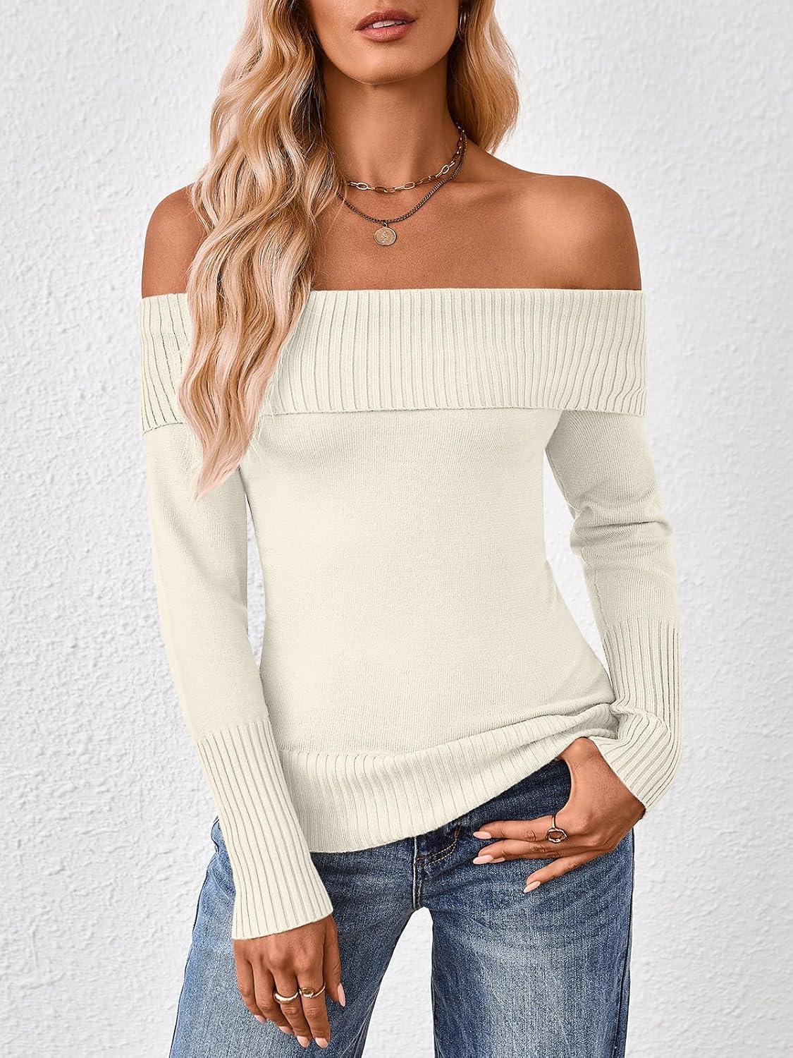 imageTrendy Queen Off The Shoulder Sweater for Women Cute Fall Going Out Tops Pullover Knit 2025 Sexy Date Night OutfitsBeige