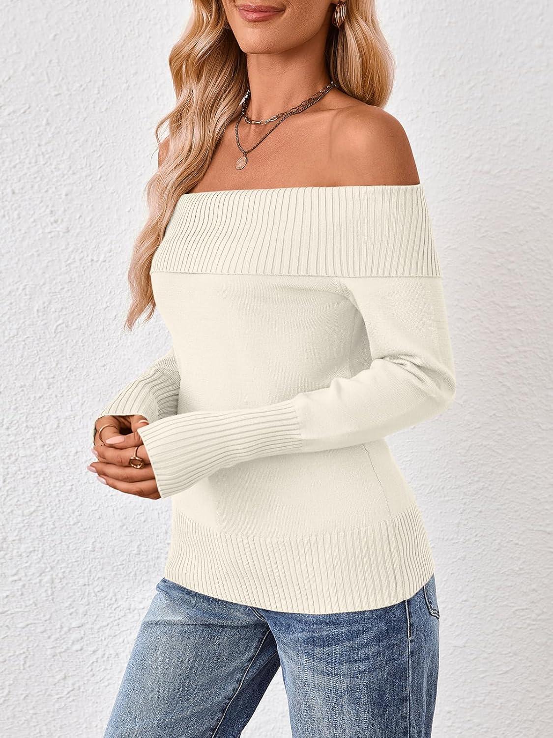 imageTrendy Queen Off The Shoulder Sweater for Women Cute Fall Going Out Tops Pullover Knit 2025 Sexy Date Night OutfitsBeige