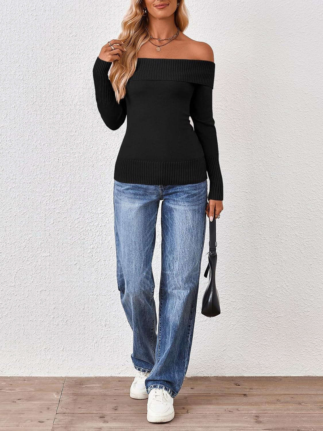 imageTrendy Queen Off The Shoulder Sweater for Women Cute Fall Going Out Tops Pullover Knit 2025 Sexy Date Night OutfitsBlack