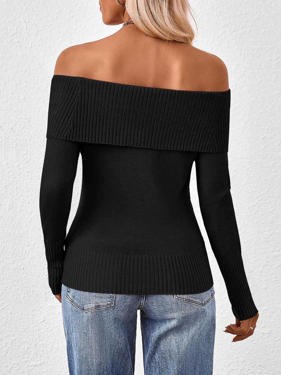 imageTrendy Queen Off The Shoulder Sweater for Women Cute Fall Going Out Tops Pullover Knit 2025 Sexy Date Night OutfitsBlack