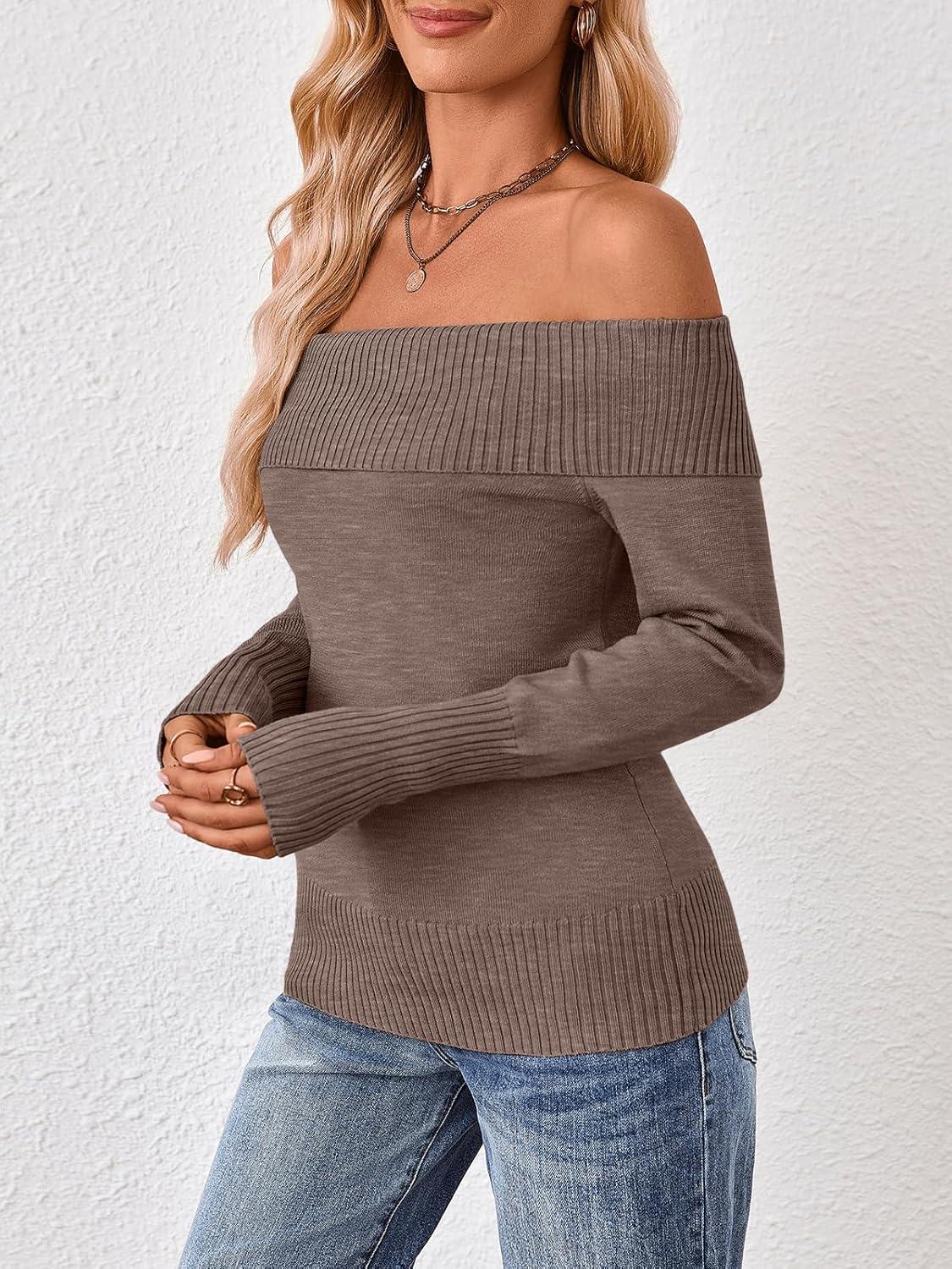 imageTrendy Queen Off The Shoulder Sweater for Women Cute Fall Going Out Tops Pullover Knit 2025 Sexy Date Night OutfitsNutmeg