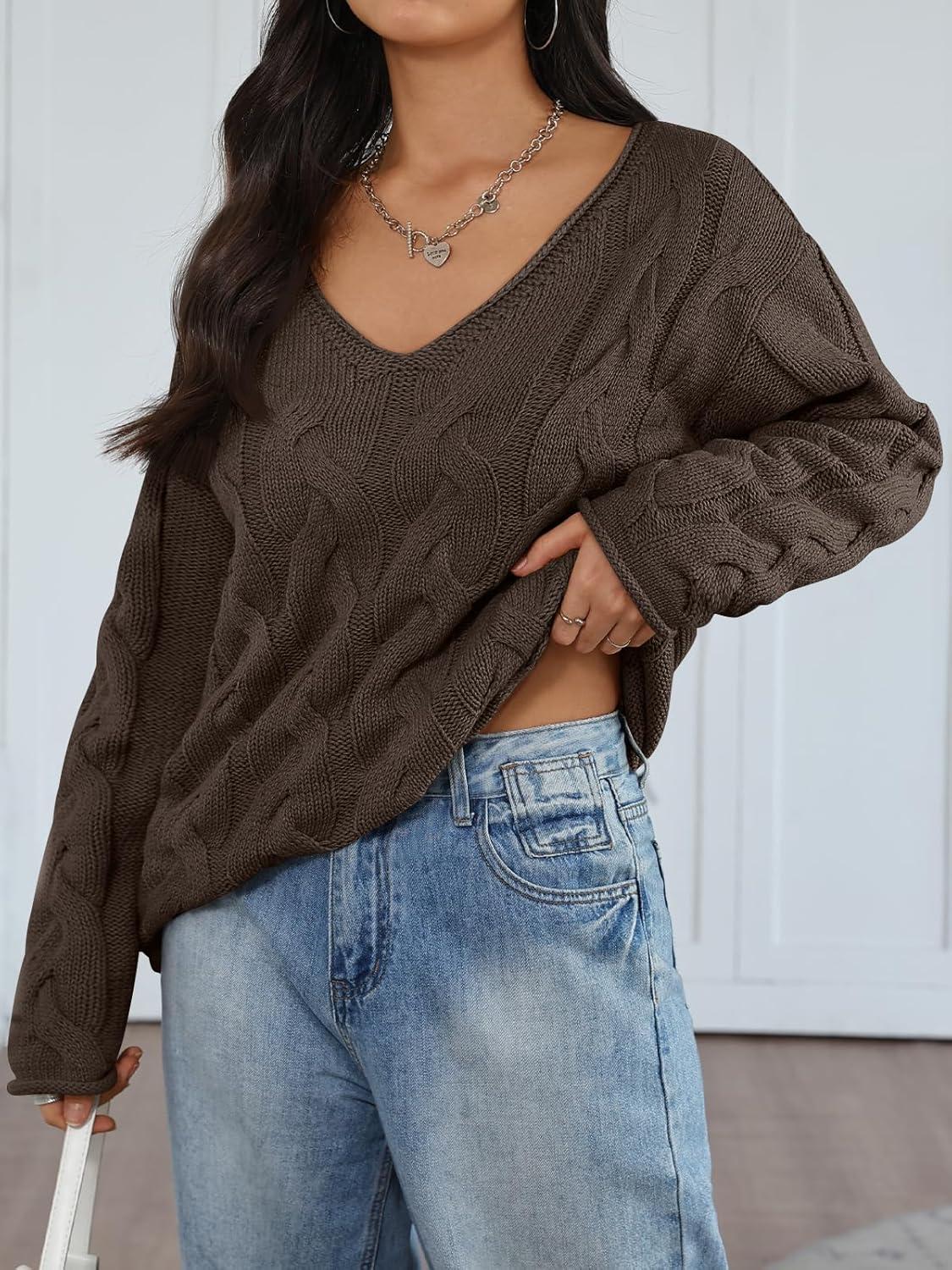 imageTrendy Queen Oversized Long Sleeve V Neck Cable Knit SweatersChocolate Brown