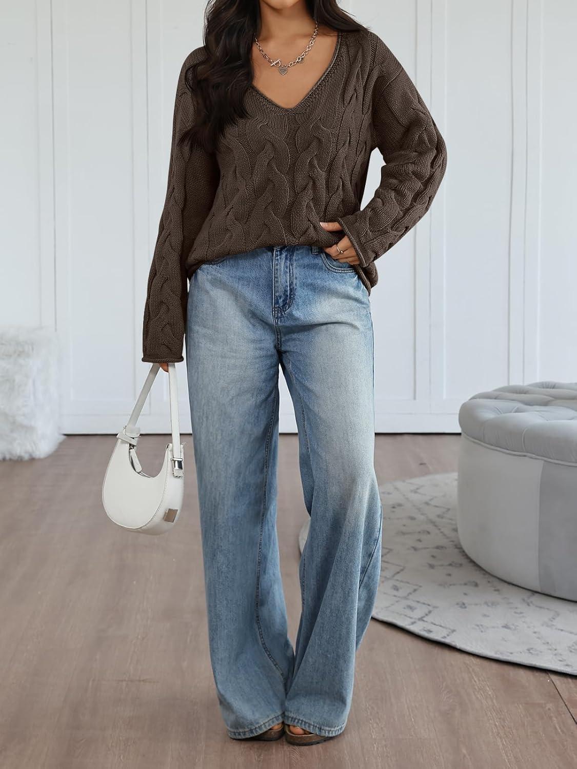 imageTrendy Queen Oversized Long Sleeve V Neck Cable Knit SweatersChocolate Brown