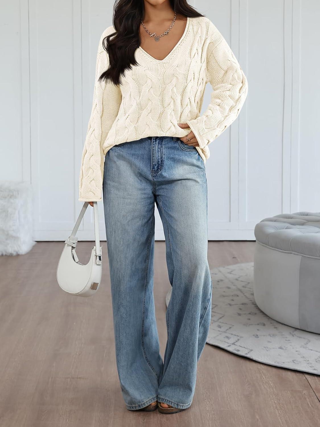 imageTrendy Queen Oversized Long Sleeve V Neck Cable Knit SweatersCream