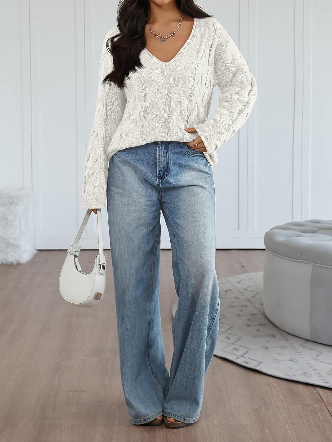 imageTrendy Queen Oversized Long Sleeve V Neck Cable Knit SweatersOffwhite