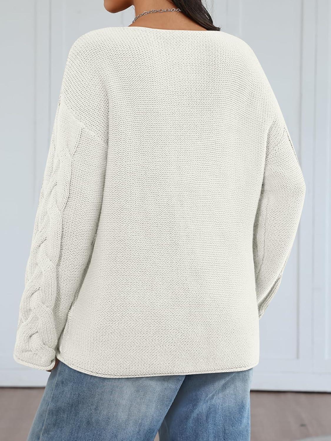 imageTrendy Queen Oversized Long Sleeve V Neck Cable Knit SweatersOffwhite