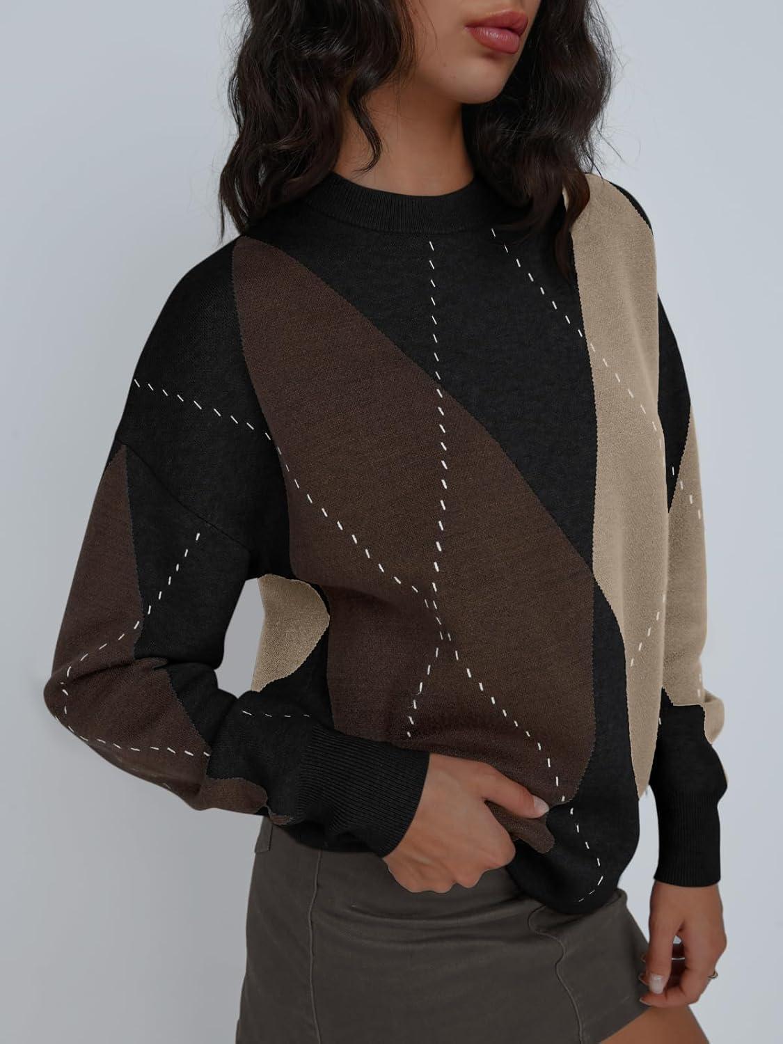 imageTrendy Queen Womens Color Block Argyle Plaid Oversized Chunky Knit Crewneck Sweaters 2025Black Nutmeg