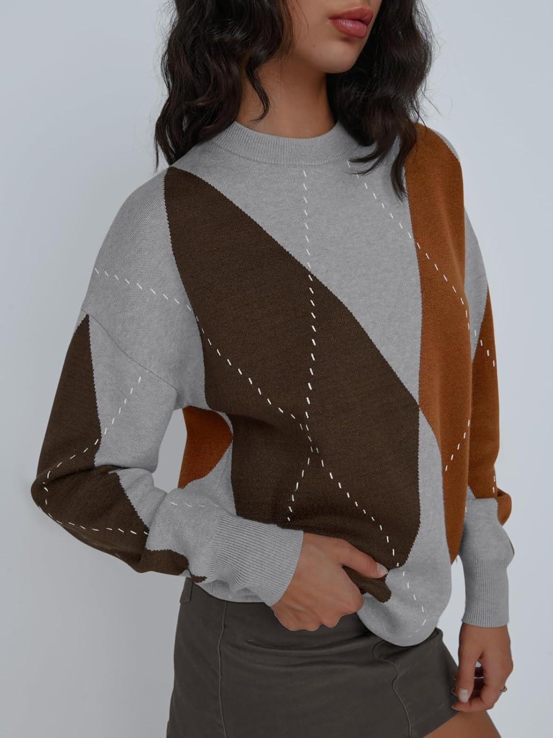 imageTrendy Queen Womens Color Block Argyle Plaid Oversized Chunky Knit Crewneck Sweaters 2025Grey Coffee