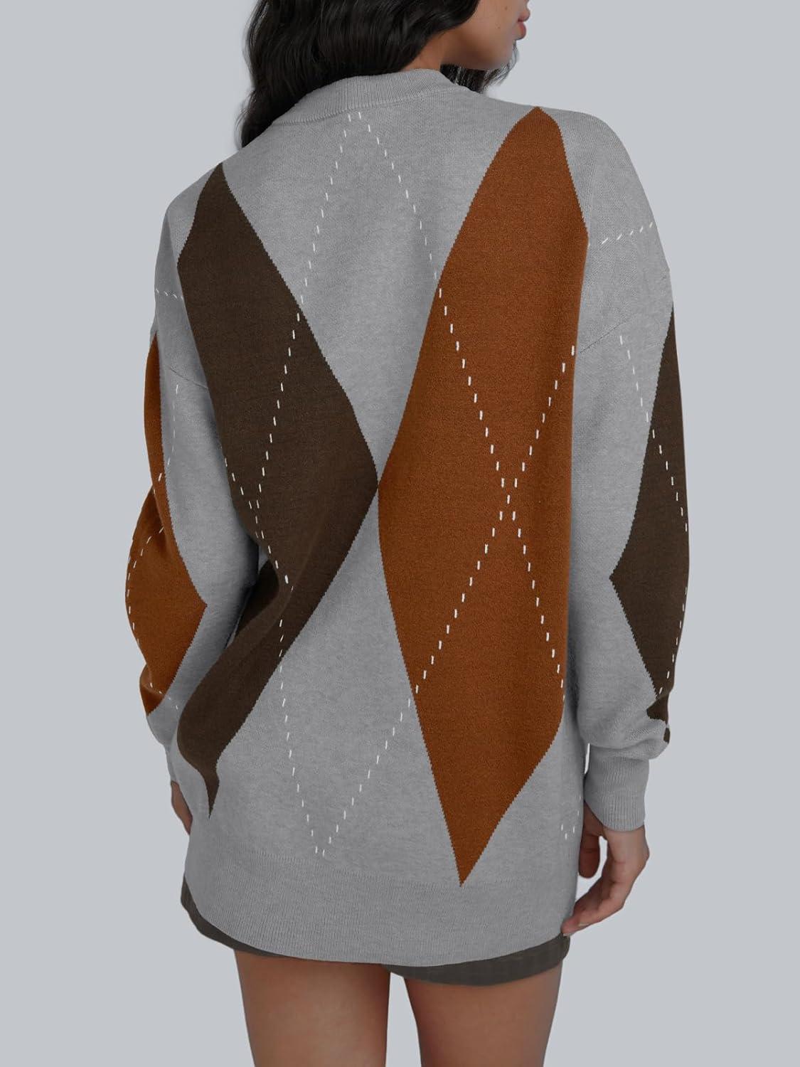 imageTrendy Queen Womens Color Block Argyle Plaid Oversized Chunky Knit Crewneck Sweaters 2025Grey Coffee