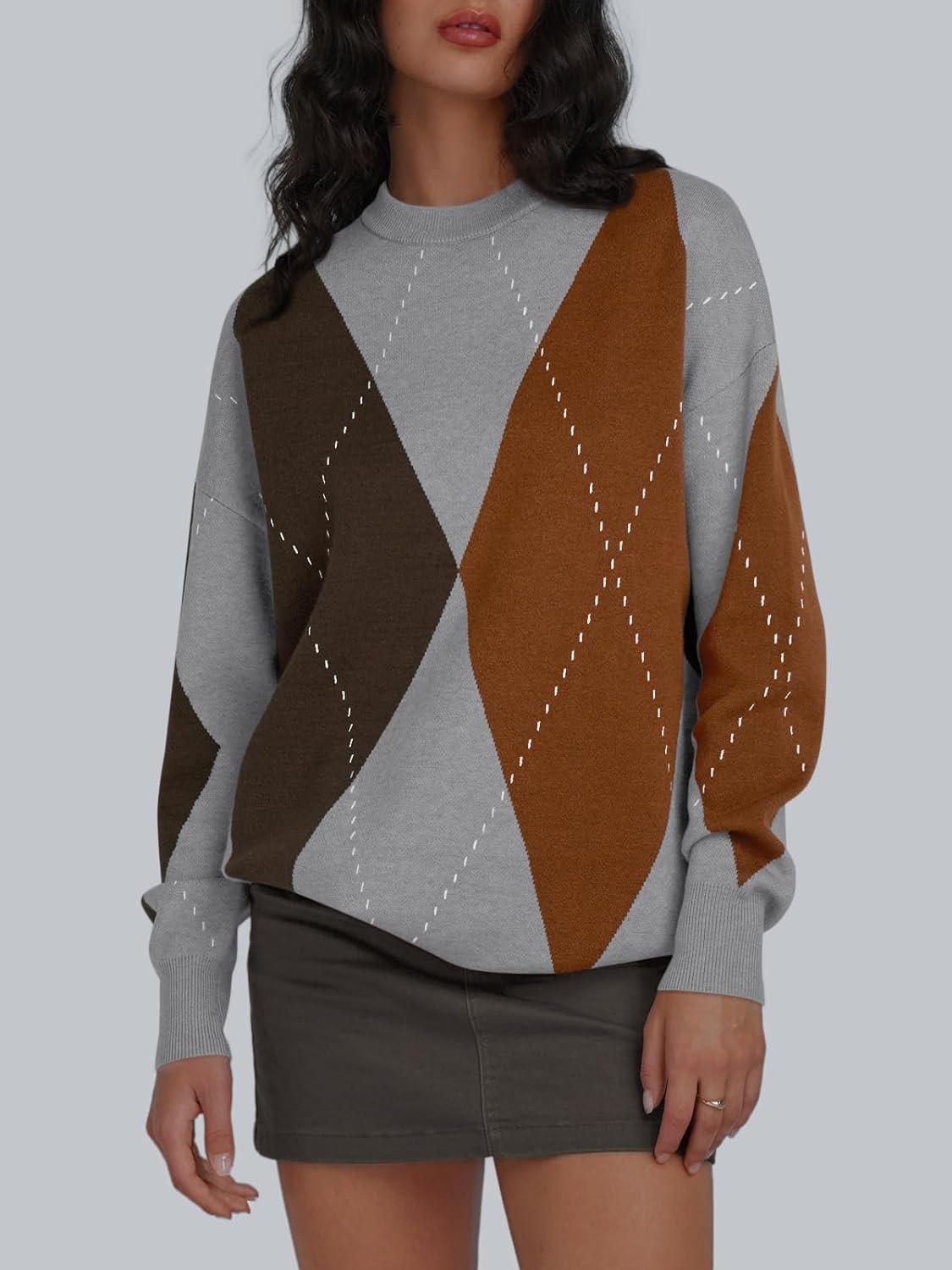 imageTrendy Queen Womens Color Block Argyle Plaid Oversized Chunky Knit Crewneck Sweaters 2025Grey Coffee