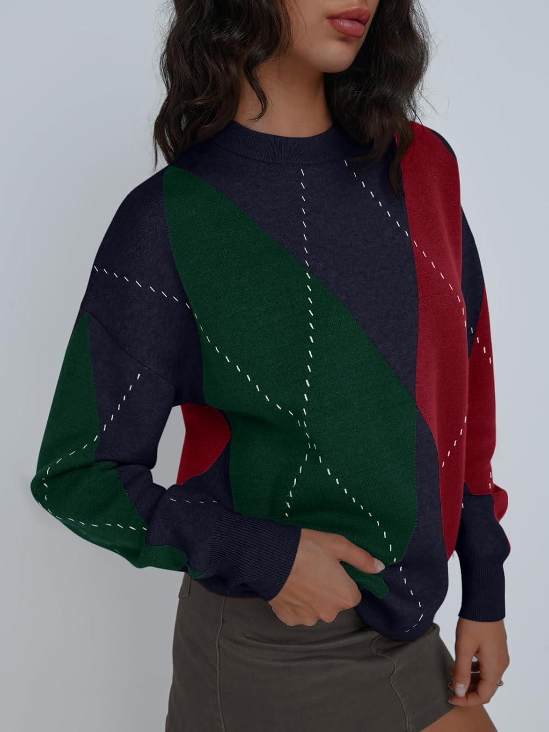 imageTrendy Queen Womens Color Block Argyle Plaid Oversized Chunky Knit Crewneck Sweaters 2025Navy Green