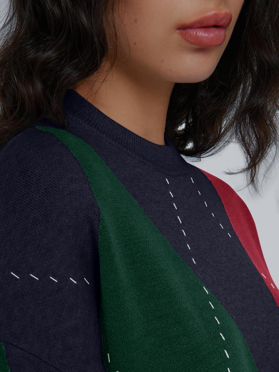 imageTrendy Queen Womens Color Block Argyle Plaid Oversized Chunky Knit Crewneck Sweaters 2025Navy Green