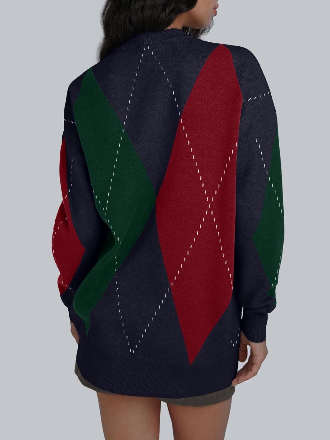 imageTrendy Queen Womens Color Block Argyle Plaid Oversized Chunky Knit Crewneck Sweaters 2025Navy Green