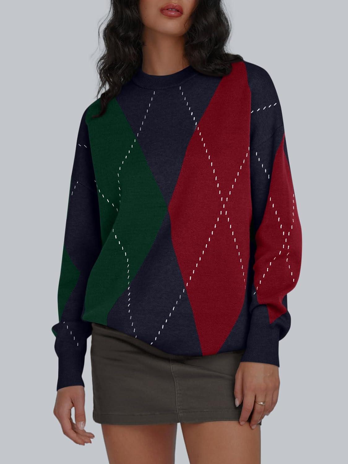imageTrendy Queen Womens Color Block Argyle Plaid Oversized Chunky Knit Crewneck Sweaters 2025Navy Green