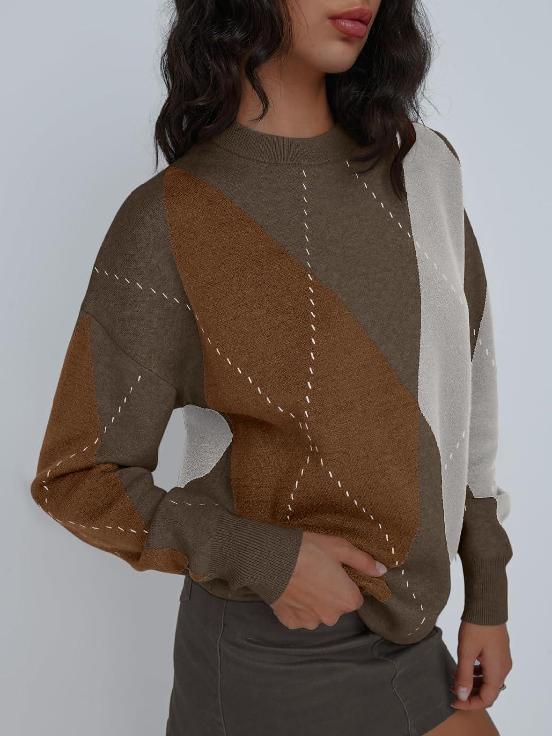 imageTrendy Queen Womens Color Block Argyle Plaid Oversized Chunky Knit Crewneck Sweaters 2025Nutmeg Brown