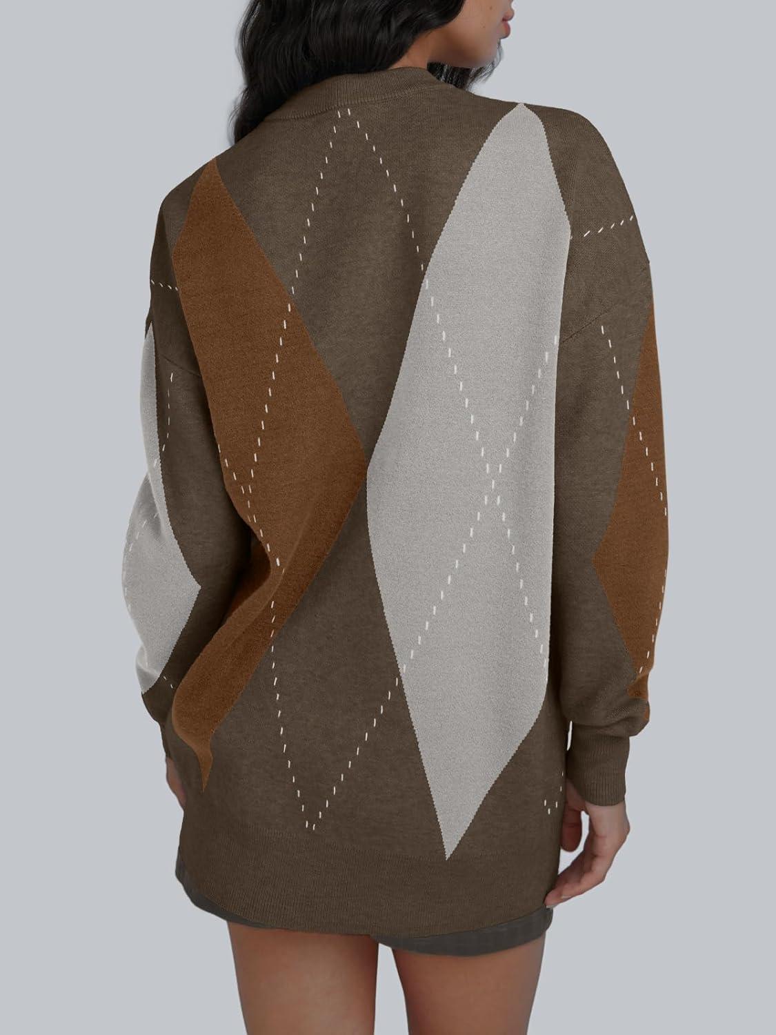 imageTrendy Queen Womens Color Block Argyle Plaid Oversized Chunky Knit Crewneck Sweaters 2025Nutmeg Brown