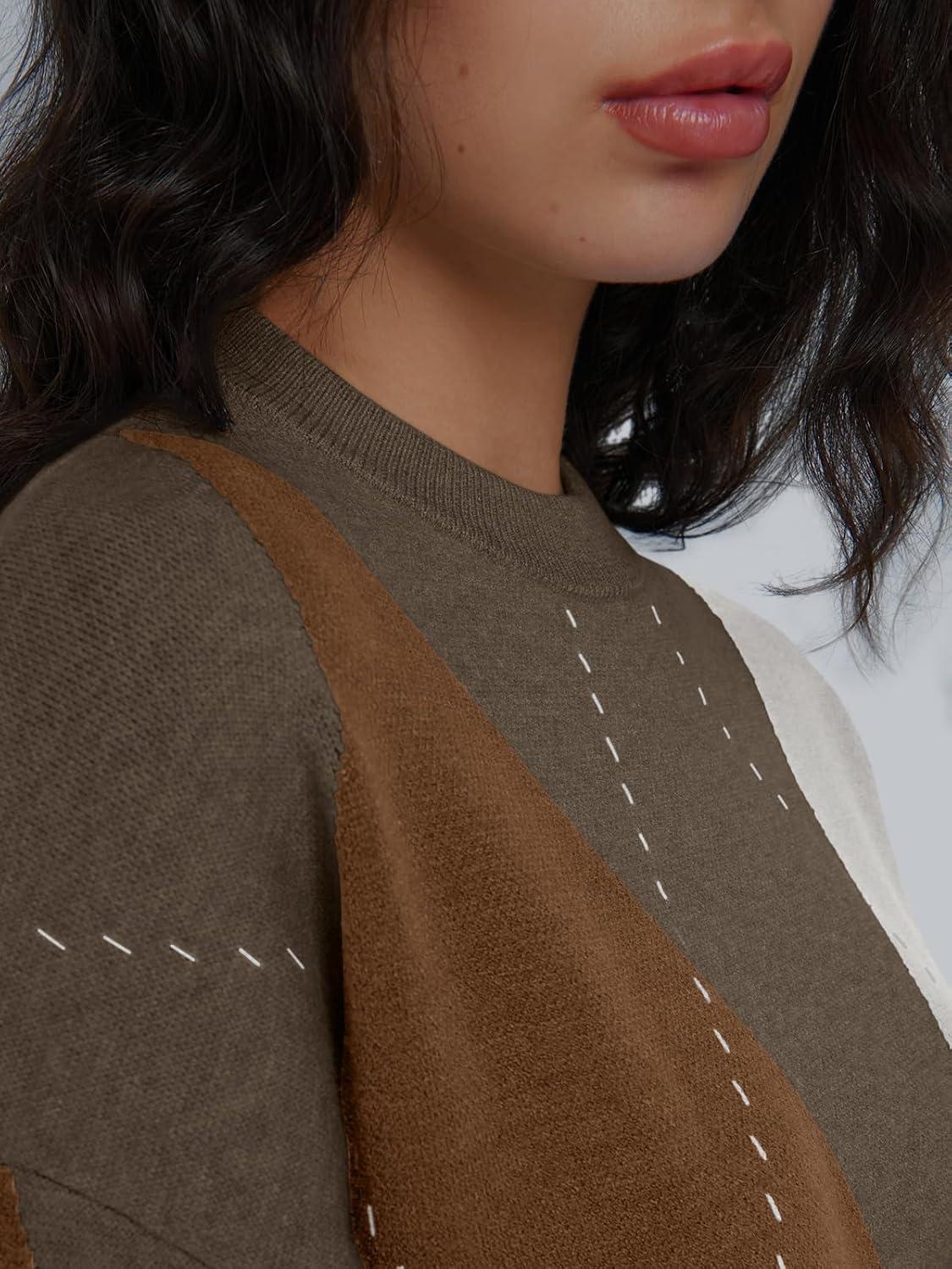 imageTrendy Queen Womens Color Block Argyle Plaid Oversized Chunky Knit Crewneck Sweaters 2025Nutmeg Brown