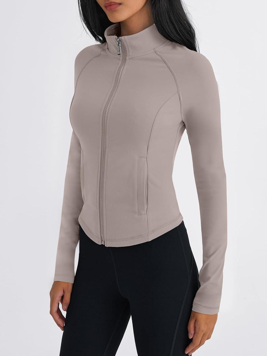 imageTrendy Queen Womens Full Zip Up Scrubs Lightweight Jacket Cropped Long Sleeve Workout Sweatshirts Slim Fit Running HoodiesCoffee Grey