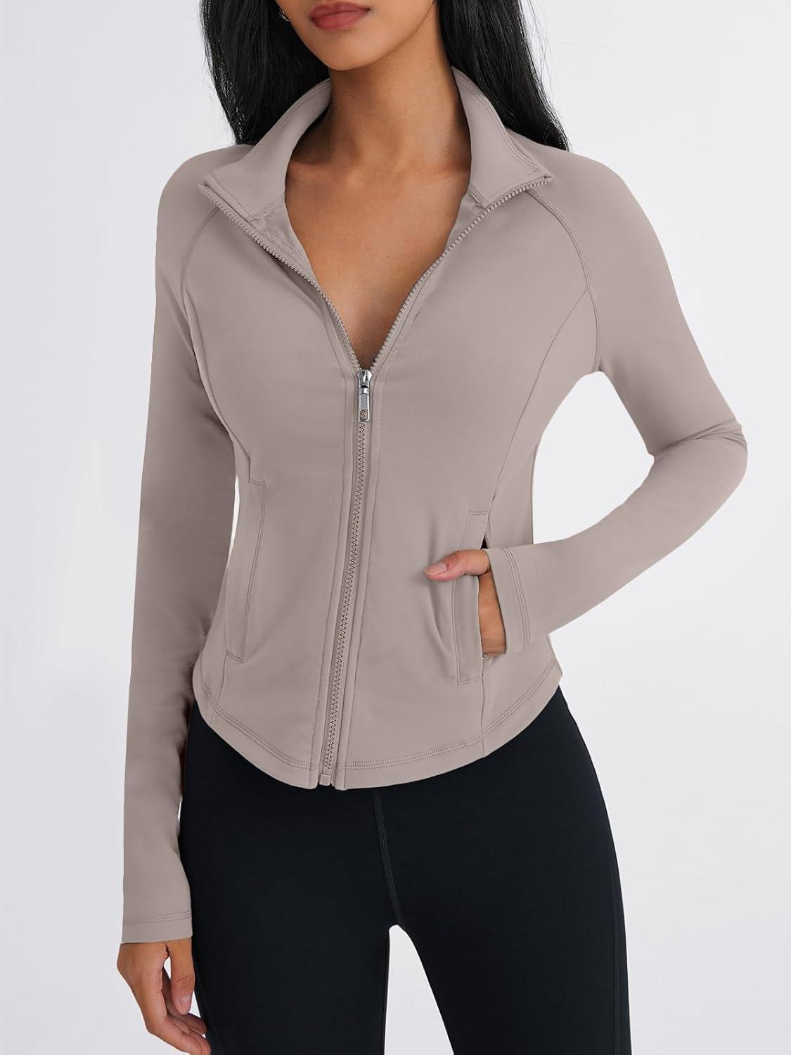 imageTrendy Queen Womens Full Zip Up Scrubs Lightweight Jacket Cropped Long Sleeve Workout Sweatshirts Slim Fit Running HoodiesCoffee Grey