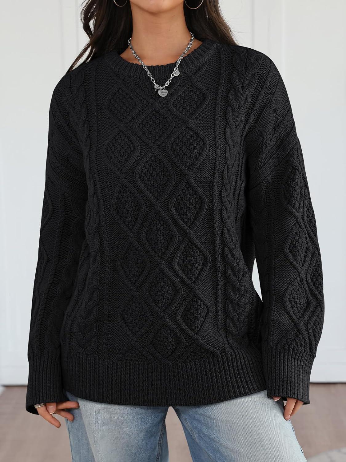 imageTrendy Queen Womens Oversized Cable Knit Crewneck Sweaters Cozy Winter ClothesBlack