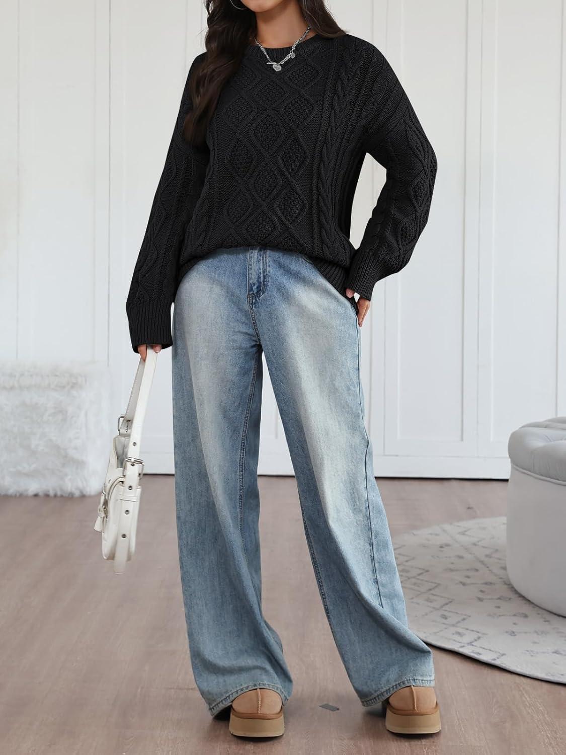 imageTrendy Queen Womens Oversized Cable Knit Crewneck Sweaters Cozy Winter ClothesBlack