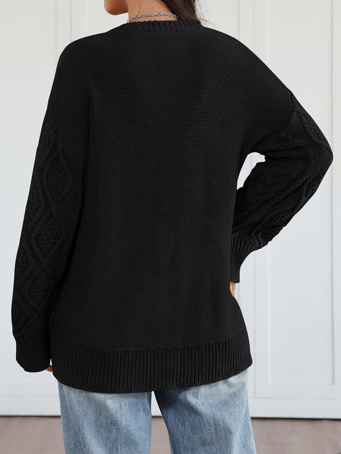 imageTrendy Queen Womens Oversized Cable Knit Crewneck Sweaters Cozy Winter ClothesBlack