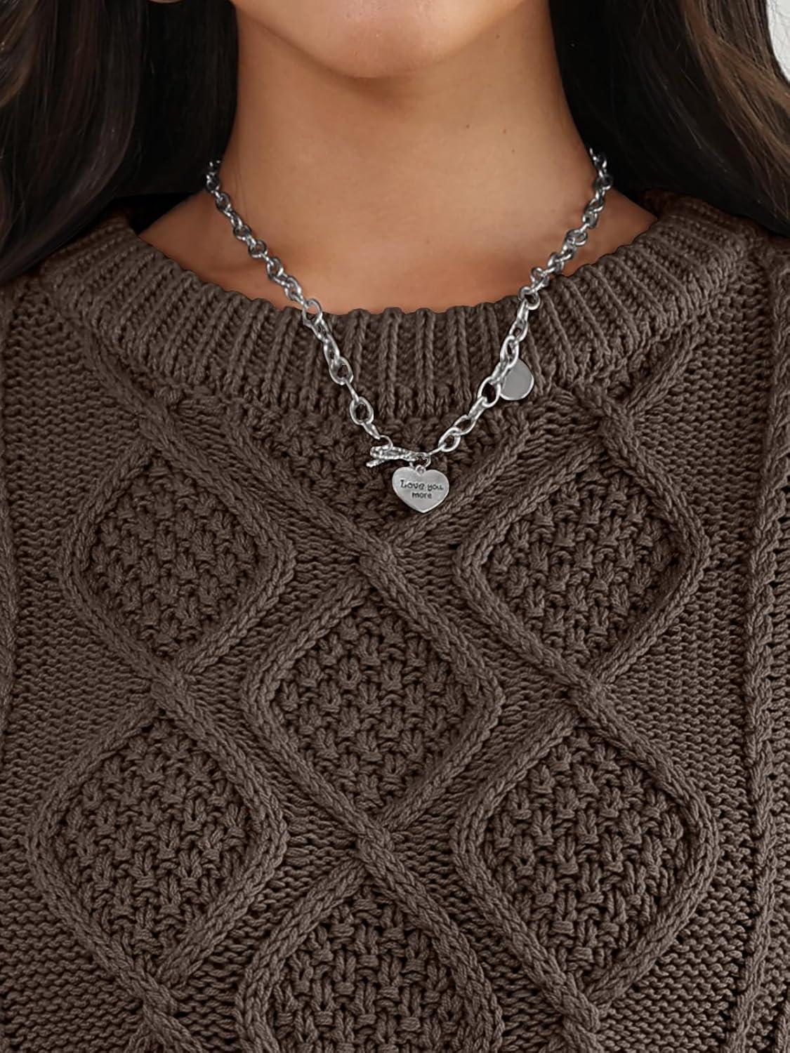 imageTrendy Queen Womens Oversized Cable Knit Crewneck Sweaters Cozy Winter ClothesCocoa