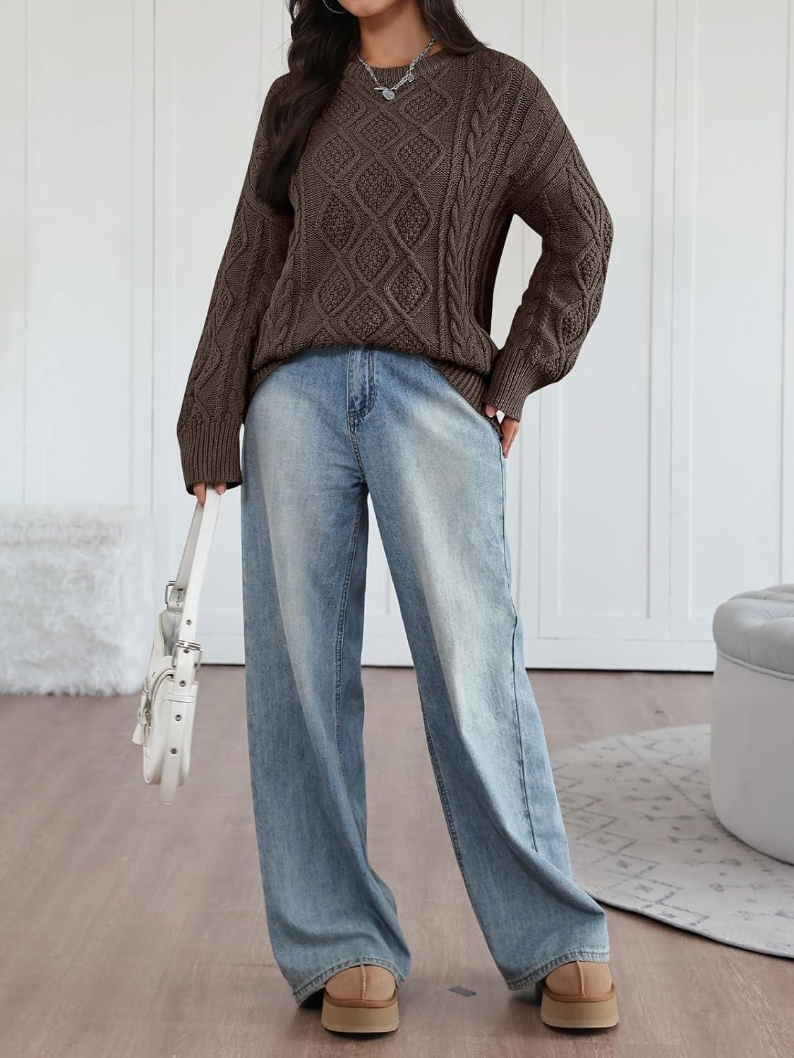 imageTrendy Queen Womens Oversized Cable Knit Crewneck Sweaters Cozy Winter ClothesCocoa