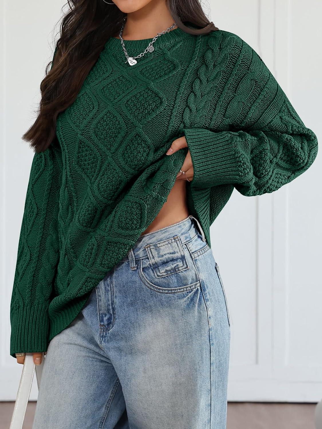 imageTrendy Queen Womens Oversized Cable Knit Crewneck Sweaters Cozy Winter ClothesGreen