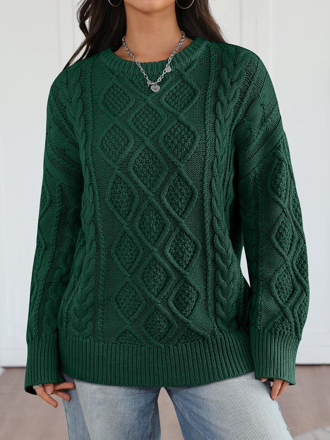 imageTrendy Queen Womens Oversized Cable Knit Crewneck Sweaters Cozy Winter ClothesGreen