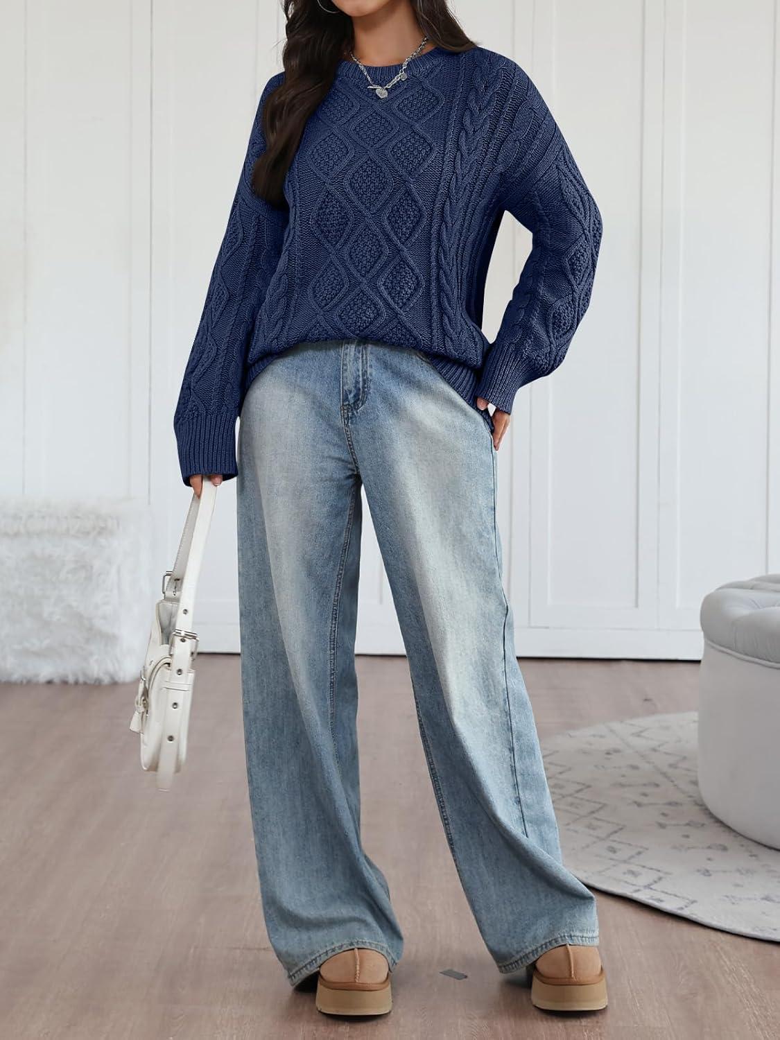 imageTrendy Queen Womens Oversized Cable Knit Crewneck Sweaters Cozy Winter ClothesNavy Blue