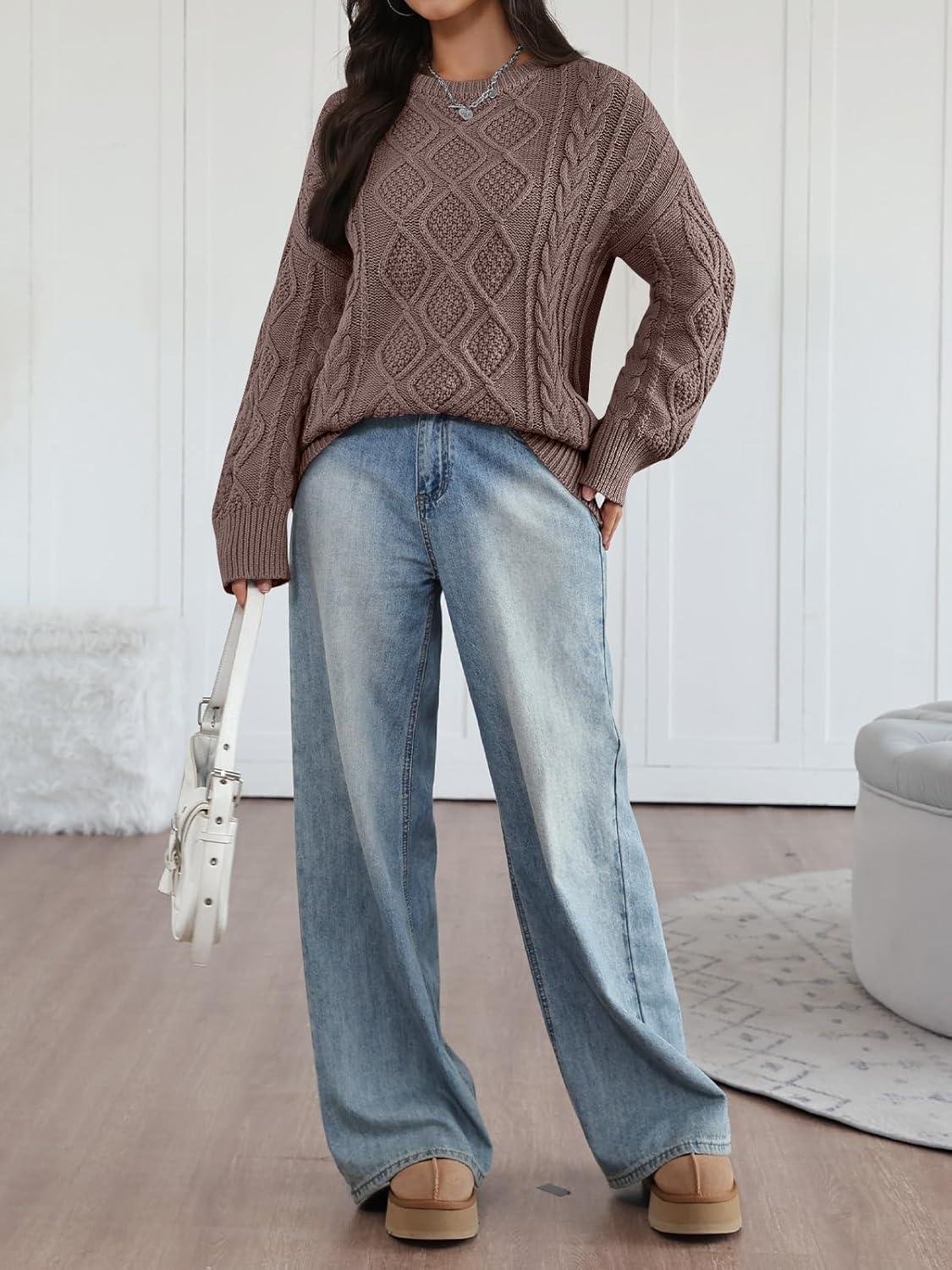 imageTrendy Queen Womens Oversized Cable Knit Crewneck Sweaters Cozy Winter ClothesNutmeg