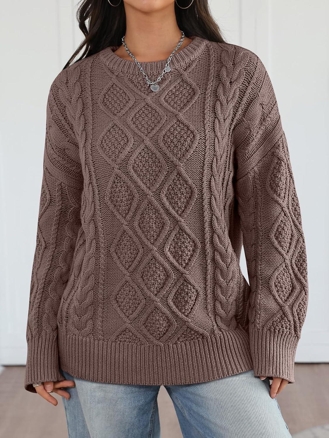 imageTrendy Queen Womens Oversized Cable Knit Crewneck Sweaters Cozy Winter ClothesNutmeg