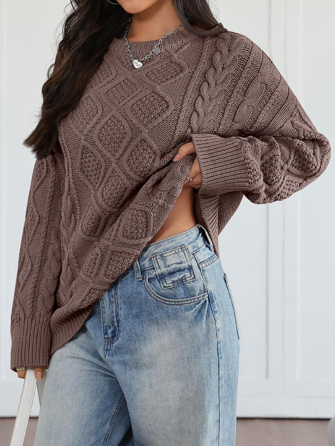 imageTrendy Queen Womens Oversized Cable Knit Crewneck Sweaters Cozy Winter ClothesNutmeg