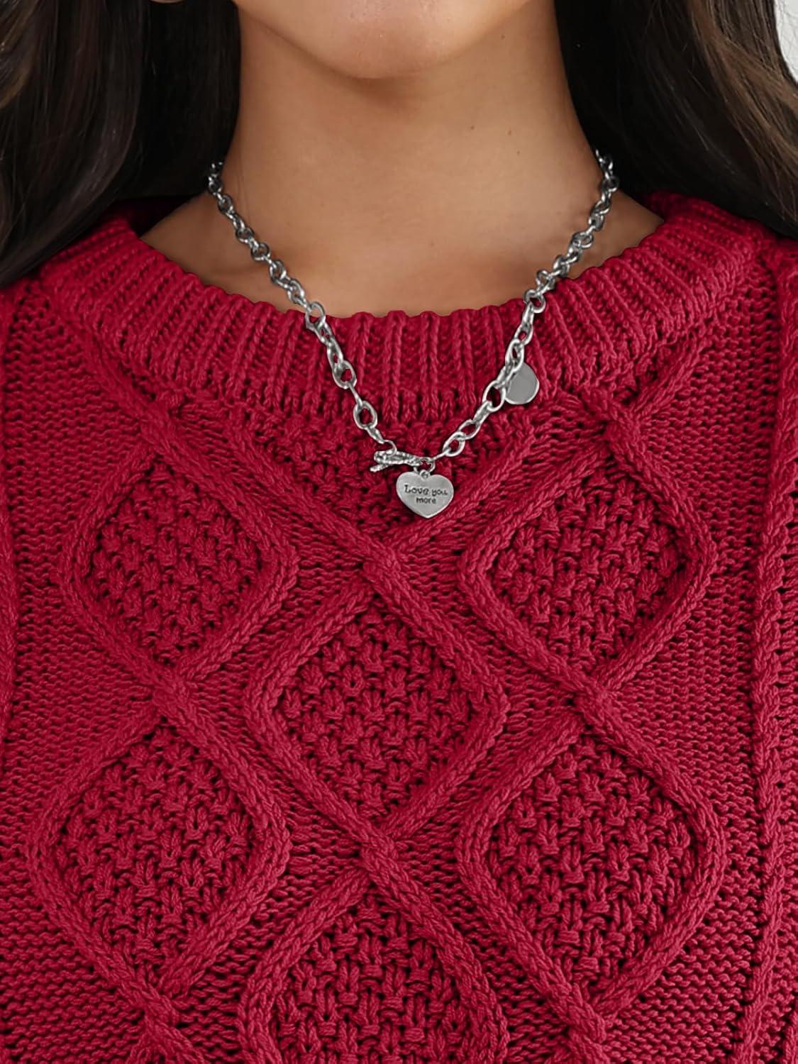 imageTrendy Queen Womens Oversized Cable Knit Crewneck Sweaters Cozy Winter ClothesRed